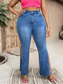 SHEIN SXY Plus High Waist Split Thigh Flare Leg Jeans - Medium Wash - View 7