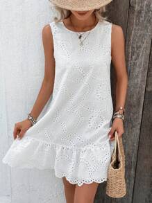SHEIN Holidaya Đầm Viên lá sen Tranh thêu màu trơn Dễ thương - trắng - Xem 6