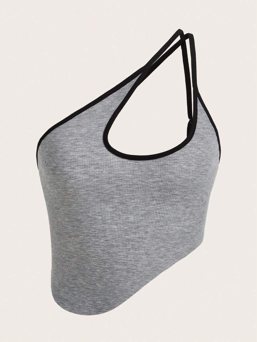 SHEIN ICON 撞色滾邊單肩不對稱下擺短款上衣 - 灰色 - 查看 1