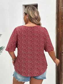 SHEIN LUNE Plus Size Floral Print V-Neck Bell Sleeve Floral Blouse - Red - View 2
