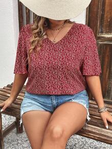 SHEIN LUNE Plus Size Floral Print V-Neck Bell Sleeve Floral Blouse - Red - View 4
