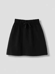SHEIN Tween Girls Solid Drawstring Waist Skirt - Black - View 7