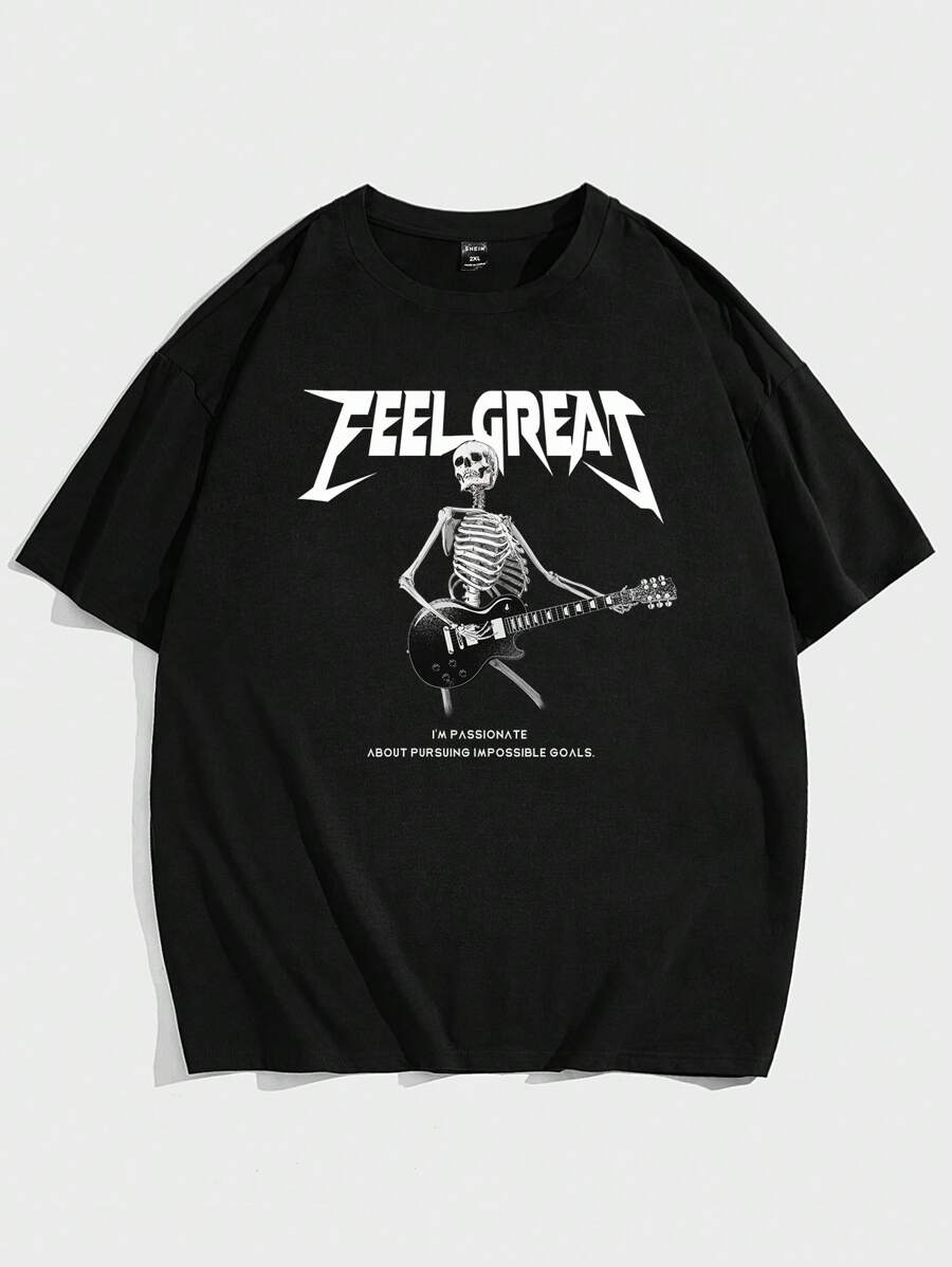 Manfinity RebelGame Men Plus Cotton Skeleton And Slogan Graphic Tee - Black - View 1