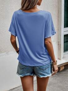 SHEIN LUNE 蕾絲拼接蝙蝠袖T恤 - 藍色 - 查看 2