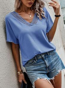 SHEIN LUNE 蕾絲拼接蝙蝠袖T恤 - 藍色 - 查看 3