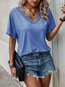 SHEIN LUNE 蕾絲拼接蝙蝠袖T恤 - 藍色 - 查看 5