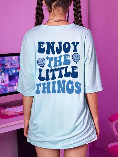 Street Life Slogan Cartoon Graphic Oversized Tee ENJOY THE LITTLE THINGS