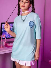 ROMWE Street Life Camiseta oversize con gráfico de dibujo animado con eslogan: DISFRUTA DE LAS PEQUEÑAS COSAS - Azul - Ver 2