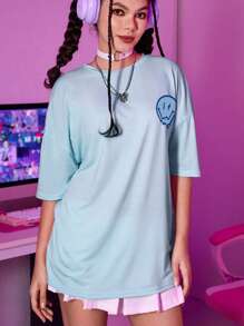 ROMWE Street Life Camiseta oversize con gráfico de dibujo animado con eslogan: DISFRUTA DE LAS PEQUEÑAS COSAS - Azul - Ver 3