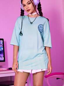 ROMWE Street Life Camiseta oversize con gráfico de dibujo animado con eslogan: DISFRUTA DE LAS PEQUEÑAS COSAS - Azul - Ver 4