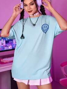 ROMWE Street Life Camiseta oversize con gráfico de dibujo animado con eslogan: DISFRUTA DE LAS PEQUEÑAS COSAS - Azul - Ver 5