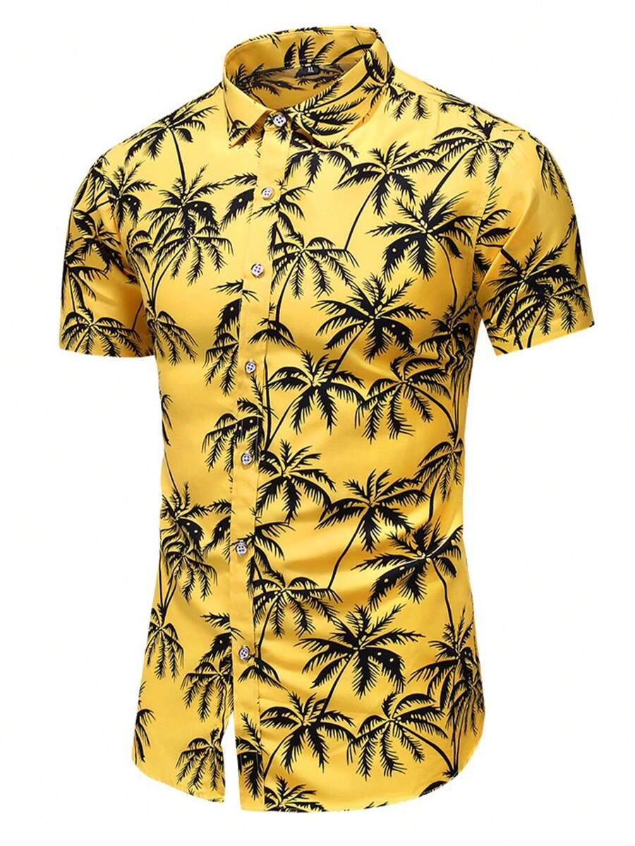 Men Coconut Tree Print Shirt - Yellow - View 1