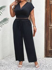 SHEIN LUNE Plus Batwing Sleeve Crop Top & Tie Front Wide Leg Trousers - Black - View 1