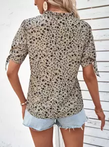 SHEIN LUNE Ditsy Floral Print Knot Cuff Blouse - Khaki - View 2