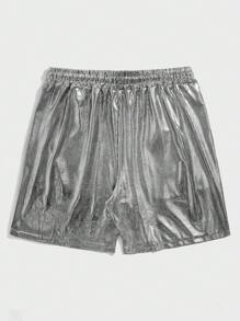 ROMWE MEN Guys Metallic Drawstring Waist Shorts - Silver - View 2