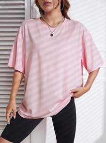 INAWLY Round Neck Drop Shoulder Tee - Pink - View 6