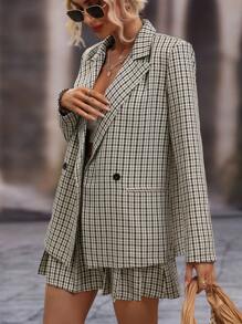 SHEIN LUNE 格紋雙排釦西裝外套和百褶半身裙 - 彩色 - 查看 5