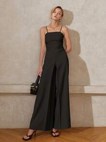 素色後綁帶吊帶連體褲 - 黑色 - 查看 6