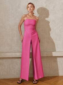 Áo liền quần nữ Buộc lại Lộ Lưng màu trơn Thanh lịch - Hồng - Xem 5