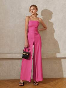 Áo liền quần nữ Buộc lại Lộ Lưng màu trơn Thanh lịch - Hồng - Xem 7