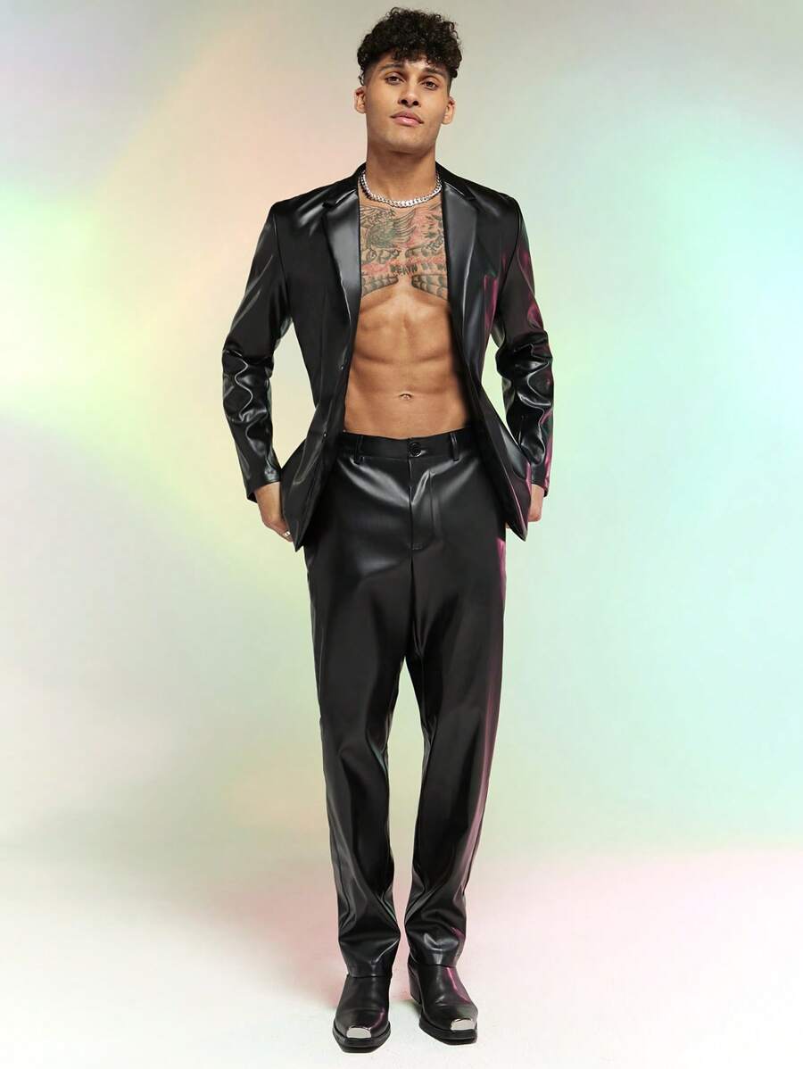 Manfinity RebelGame 男士西裝領PU皮革西裝外套和西裝褲