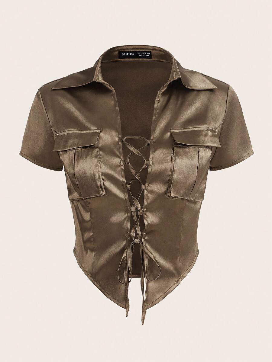 SHEIN ICON Áo sơ mi nữ Ren lên Túi màu trơn Gợi cảm - Màu nâu  Mocha - Xem 1