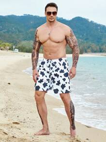 Manfinity Swimmode Pantalones cortos de natación con estampado gráfico de vaca, cintura con cordón, para la piscina, playa, vacaciones - Blanco y Negro - Ver 3