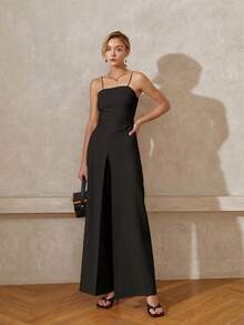 素色後綁帶吊帶連體褲 - 黑色 - 查看 7