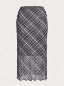 SHEIN ICON Plaid Print Lettuce Trim Mesh Overlay Pencil Skirt - Grey - View 1