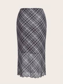 SHEIN ICON Plaid Print Lettuce Trim Mesh Overlay Pencil Skirt - Grey - View 2
