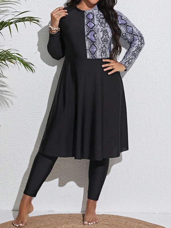 SHEIN Swim Mulvari Plus Snakeskin Print Burkini Set Long Sleeve High Neck Longline Swim Shirt