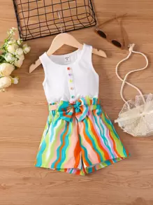 SHEIN Toddler Girls Button Front Peplum Tank Top & Striped Print Shorts - Multicolor - View 1