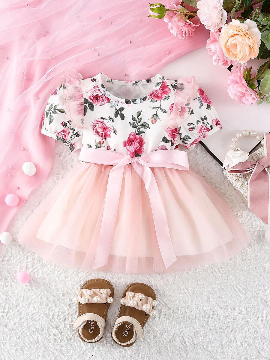 SHEIN Đầm em bé Tương phản Mesh Xù Hoa - Nhiều màu - Xem 1