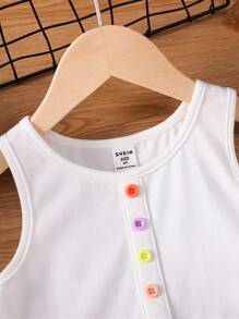 SHEIN Toddler Girls Button Front Peplum Tank Top & Striped Print Shorts - Multicolor - View 3