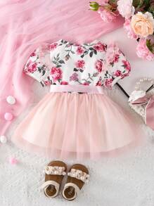 SHEIN Đầm em bé Tương phản Mesh Xù Hoa - Nhiều màu - Xem 2