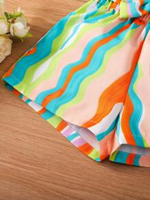 SHEIN Toddler Girls Button Front Peplum Tank Top & Striped Print Shorts - Multicolor - View 6