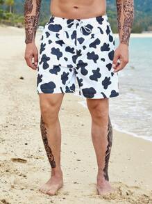 Manfinity Swimmode Pantalones cortos de natación con estampado gráfico de vaca, cintura con cordón, para la piscina, playa, vacaciones - Blanco y Negro - Ver 7