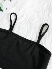 SHEIN Tween Girl Solid Cami Top & Flap Pocket Side Pants & Fishnet Top - Black - View 3