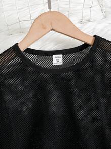 SHEIN Tween Girl Solid Cami Top & Flap Pocket Side Pants & Fishnet Top - Black - View 6