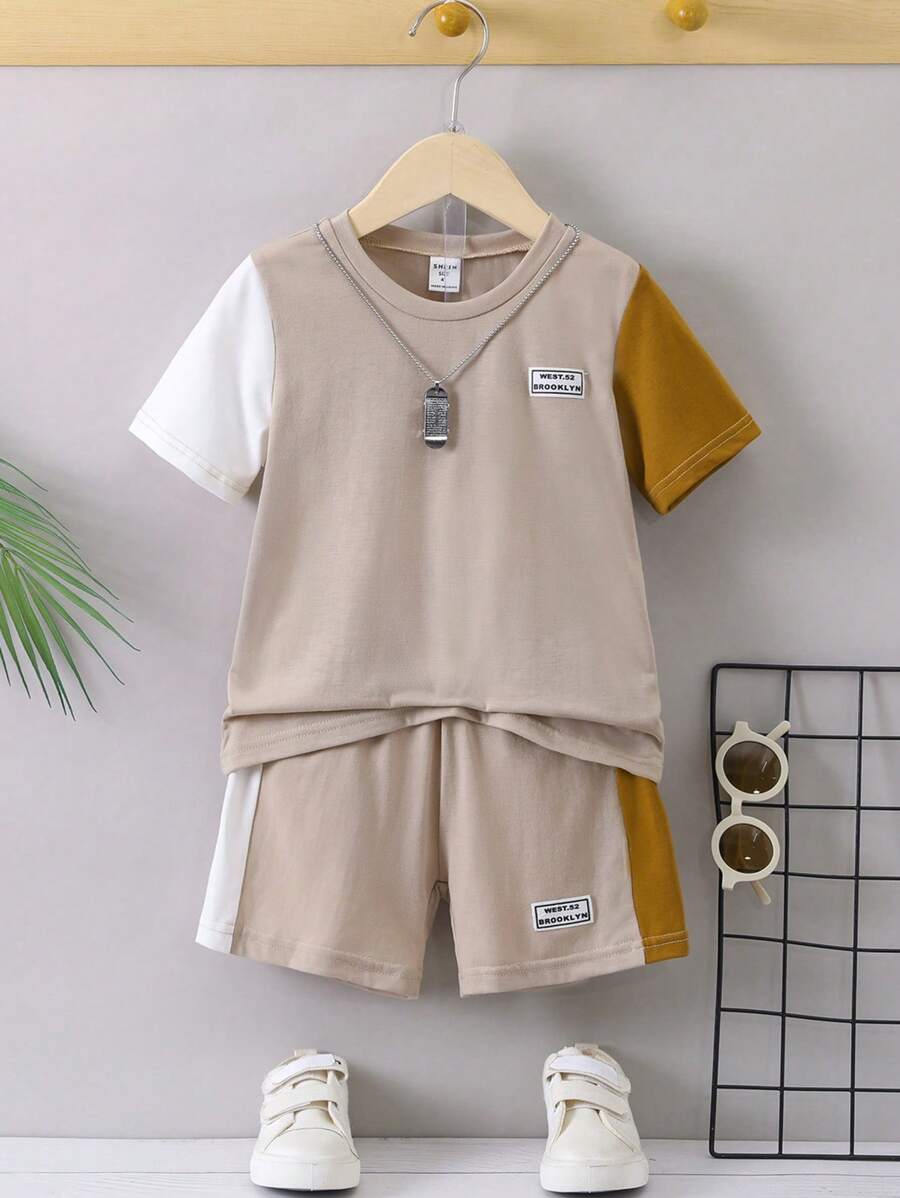 SHEIN Toddler Boys Colourblock Letter Patched Detail Tee & Shorts - Multicolor - View 1
