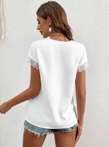 SHEIN VCAY Guipure Lace Trim Blouse - White - View 2