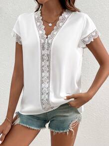 SHEIN VCAY Guipure Lace Trim Blouse - White - View 6