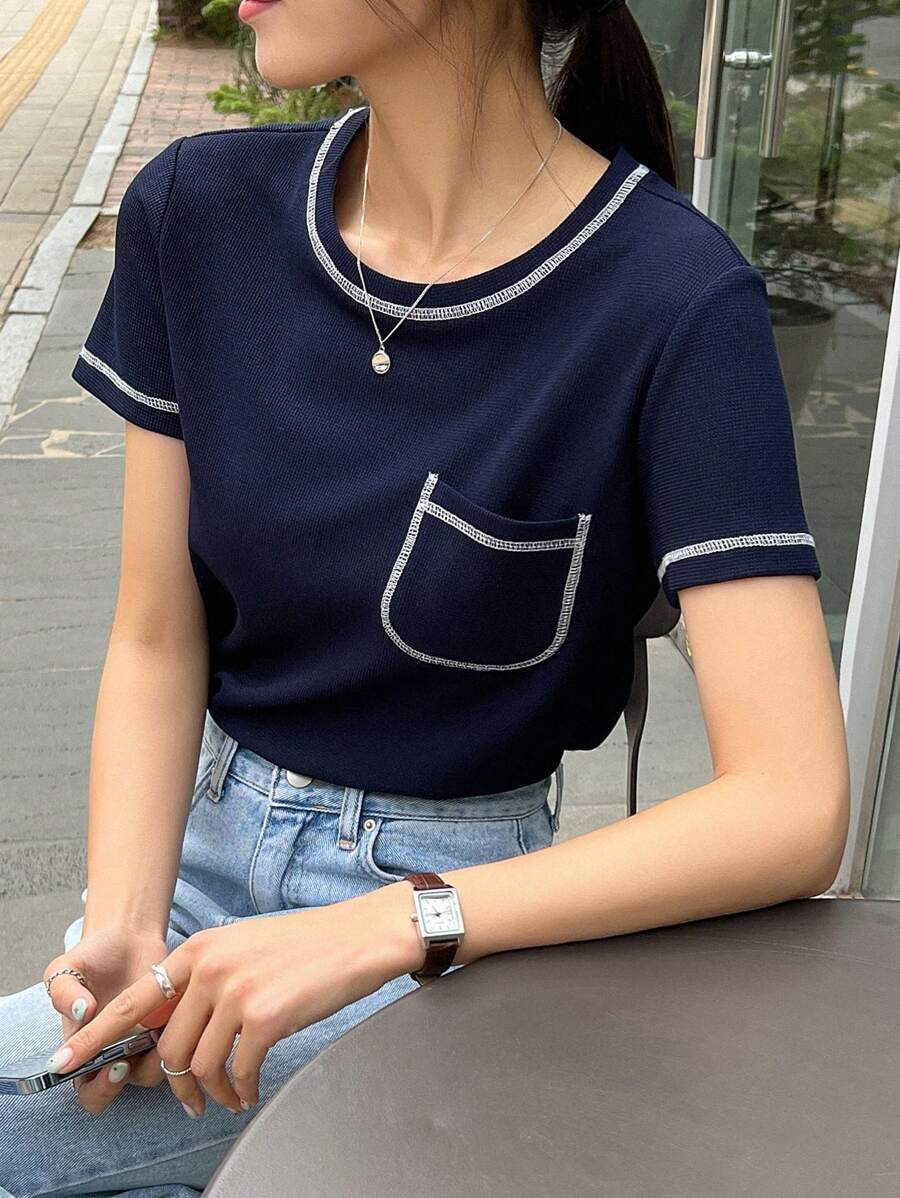 DAZY 對比修邊口袋拼接t卹 - 藏蓝色 - 查看 1