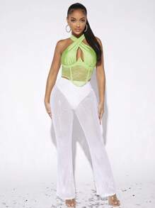 SHEIN SXY Áo khoác và áo lót dành cho xe tăng nữ Bất đối xứng Lộ Lưng Tương phản ren Hội Chữ thập Buộc lại màu trơn Gợi cảm - Màu xanh chanh - Xem 6