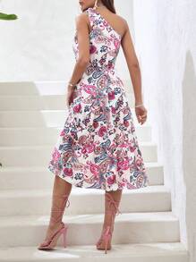 SHEIN VCAY 佩斯利印花單肩打結多層下擺連衣裙 - 彩色 - 查看 2