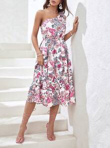 SHEIN VCAY 佩斯利印花單肩打結多層下擺連衣裙 - 彩色 - 查看 4