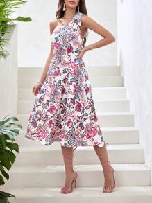 SHEIN VCAY 佩斯利印花單肩打結多層下擺連衣裙 - 彩色 - 查看 6