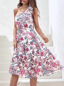 SHEIN VCAY 佩斯利印花單肩打結多層下擺連衣裙 - 彩色 - 查看 3