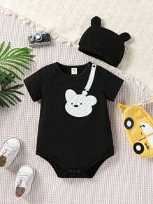 SHEIN 男嬰卡通圖案連體衣和帽 - 黑色 - 查看 1