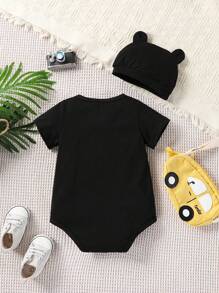 SHEIN 男嬰卡通圖案連體衣和帽 - 黑色 - 查看 2
